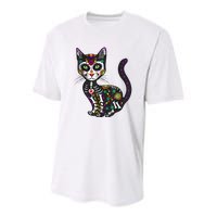 Cute Sugar Skull Mexican Cat Halloween Day Of The Dead Youth Performance Sprint T-Shirt