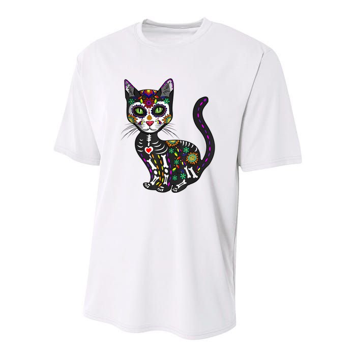 Cute Sugar Skull Mexican Cat Halloween Day Of The Dead Youth Performance Sprint T-Shirt