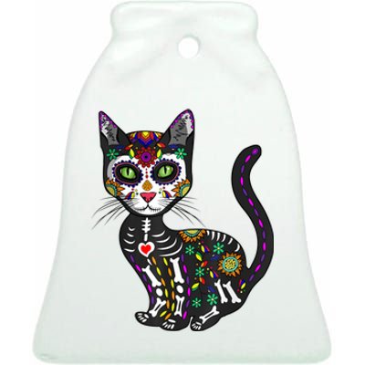 Cute Sugar Skull Mexican Cat Halloween Day Of The Dead Ceramic Bell Ornament