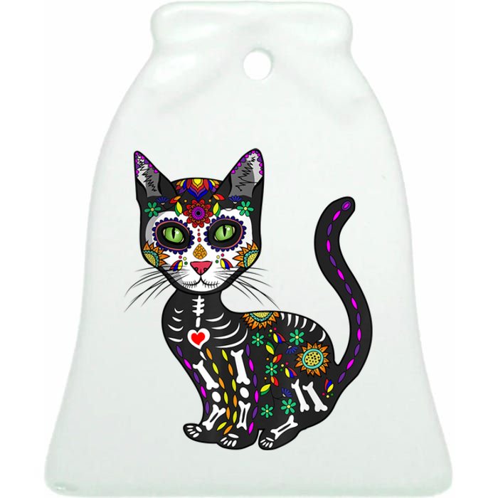 Cute Sugar Skull Mexican Cat Halloween Day Of The Dead Ceramic Bell Ornament