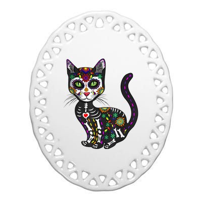 Cute Sugar Skull Mexican Cat Halloween Day Of The Dead Ceramic Oval Ornament