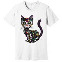 Cute Sugar Skull Mexican Cat Halloween Day Of The Dead Premium T-Shirt