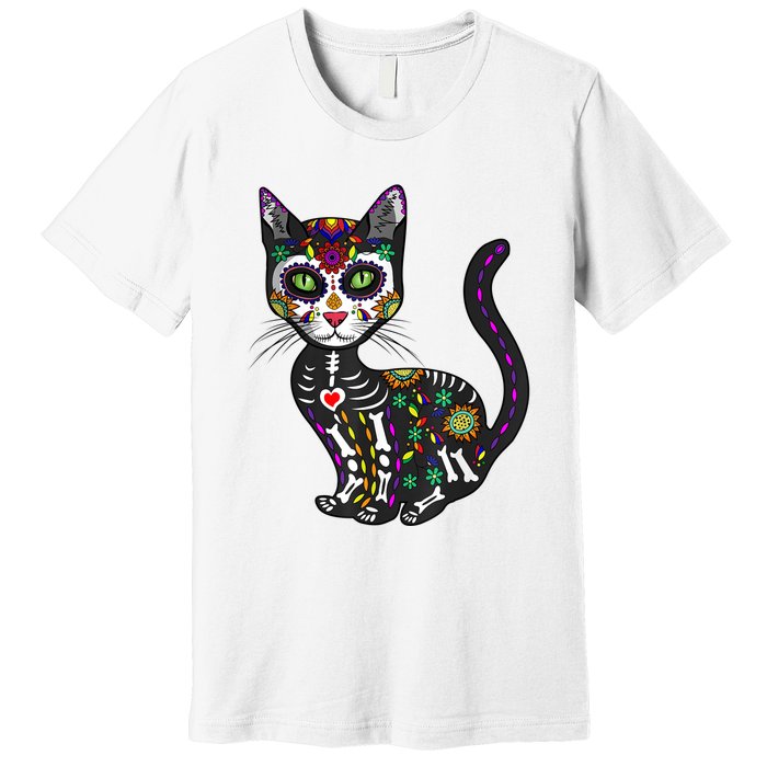 Cute Sugar Skull Mexican Cat Halloween Day Of The Dead Premium T-Shirt