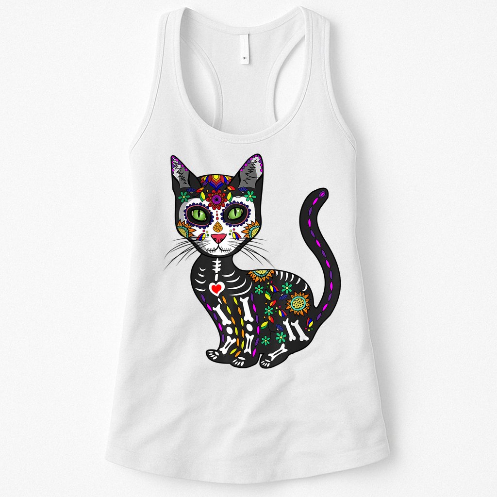 Cute Sugar Skull Mexican Cat Halloween Day Of The Dead Womens Tank Top