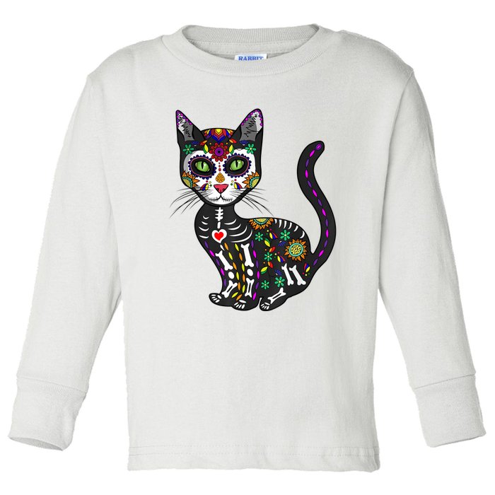 Cute Sugar Skull Mexican Cat Halloween Day Of The Dead Toddler Long Sleeve Shirt