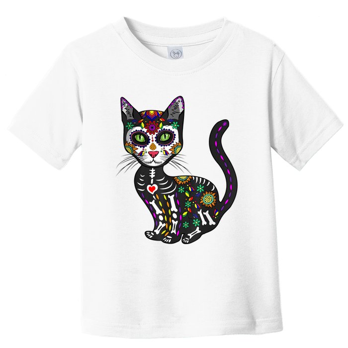 Cute Sugar Skull Mexican Cat Halloween Day Of The Dead Toddler T-Shirt