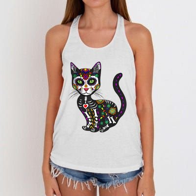 Cute Sugar Skull Mexican Cat Halloween Day Of The Dead Women's Knotted Racerback Tank