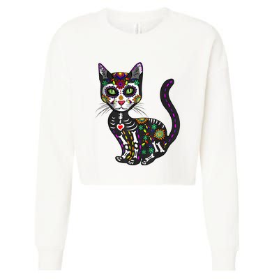 Cute Sugar Skull Mexican Cat Halloween Day Of The Dead Cropped Pullover Crew