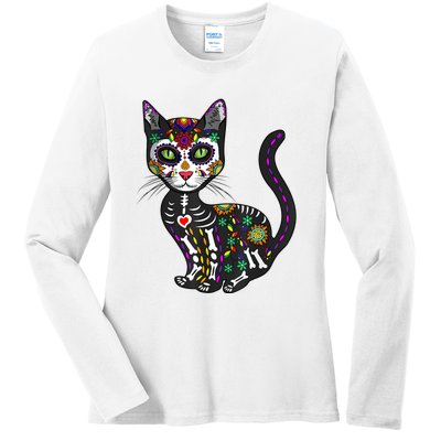 Cute Sugar Skull Mexican Cat Halloween Day Of The Dead Ladies Long Sleeve Shirt