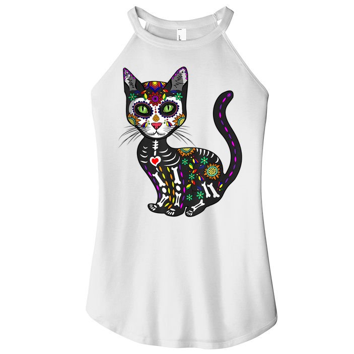 Cute Sugar Skull Mexican Cat Halloween Day Of The Dead Women's Perfect Tri Rocker Tank