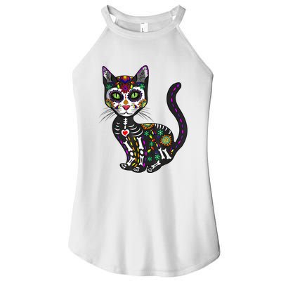 Cute Sugar Skull Mexican Cat Halloween Day Of The Dead Women's Perfect Tri Rocker Tank