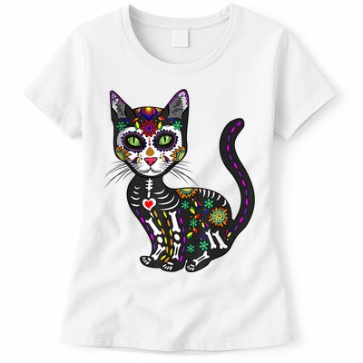 Cute Sugar Skull Mexican Cat Halloween Day Of The Dead Womens T-Shirt