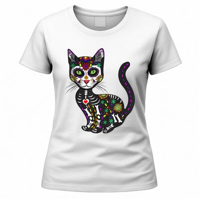 Cute Sugar Skull Mexican Cat Halloween Day Of The Dead Women's T-Shirt