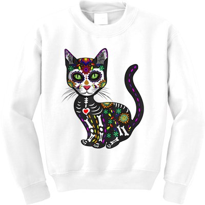 Cute Sugar Skull Mexican Cat Halloween Day Of The Dead Kids Sweatshirt