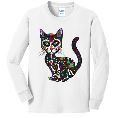 Cute Sugar Skull Mexican Cat Halloween Day Of The Dead Kids Long Sleeve Shirt