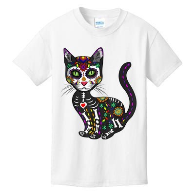 Cute Sugar Skull Mexican Cat Halloween Day Of The Dead Kids T-Shirt