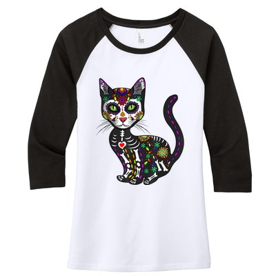 Cute Sugar Skull Mexican Cat Halloween Day Of The Dead Women's Tri-Blend 3/4-Sleeve Raglan Shirt