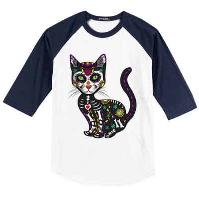 Cute Sugar Skull Mexican Cat Halloween Day Of The Dead Baseball Sleeve Shirt