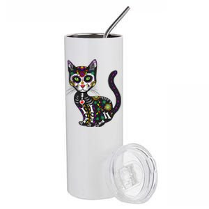 Cute Sugar Skull Mexican Cat Halloween Day Of The Dead Stainless Steel Tumbler