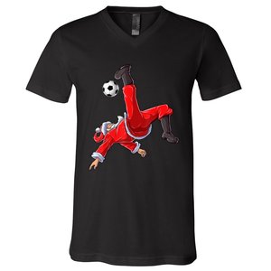 Christmas Santa Soccer Bicycle Kick Xmas Boys Men Ball Sport TShirt V-Neck T-Shirt