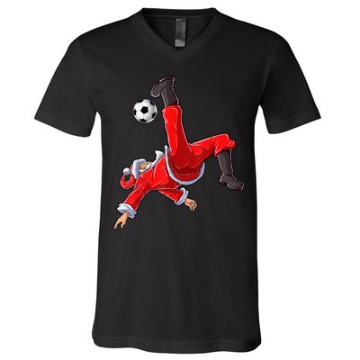 Christmas Santa Soccer Bicycle Kick Xmas Boys Men Ball Sport TShirt V-Neck T-Shirt