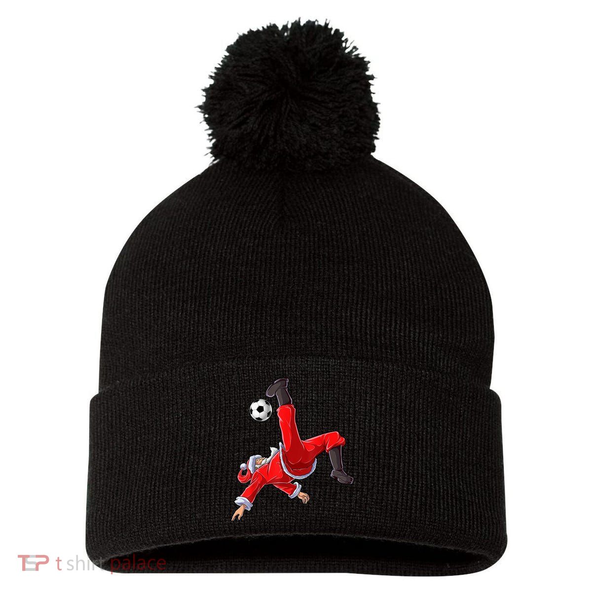 Christmas Santa Soccer Bicycle Kick Xmas Boys Men Ball Sport TShirt Pom Pom 12in Knit Beanie