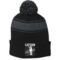 Caturn Saturn Space Cat Stripe Pom Pom Beanie