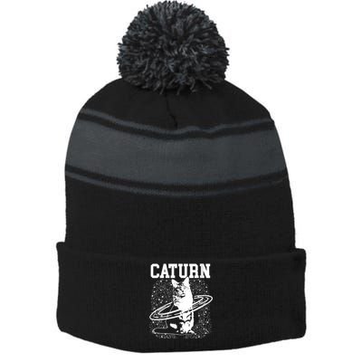 Caturn Saturn Space Cat Stripe Pom Pom Beanie