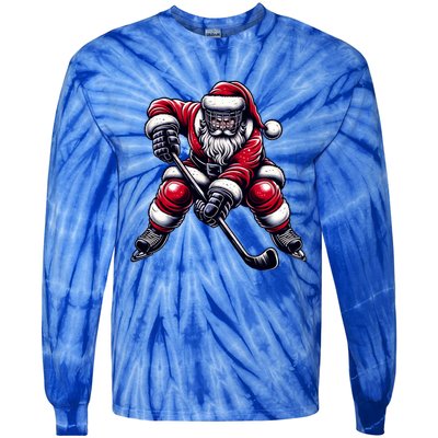 Christmas Sports Santa Plays Ice Hockey Xmas Gift Tie-Dye Long Sleeve Shirt