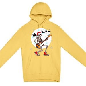 Christmas Santa Skeletons Playing Guitar Bass Guitarist Premium Pullover Hoodie