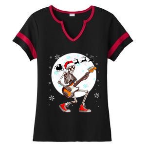 Christmas Santa Skeletons Playing Guitar Bass Guitarist Ladies Halftime Notch Neck Tee