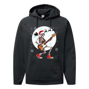 Christmas Santa Skeletons Playing Guitar Bass Guitarist Performance Fleece Hoodie