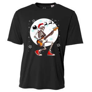 Christmas Santa Skeletons Playing Guitar Bass Guitarist Cooling Performance Crew T-Shirt