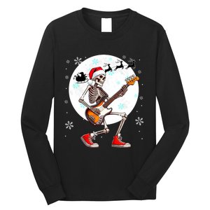 Christmas Santa Skeletons Playing Guitar Bass Guitarist Long Sleeve Shirt