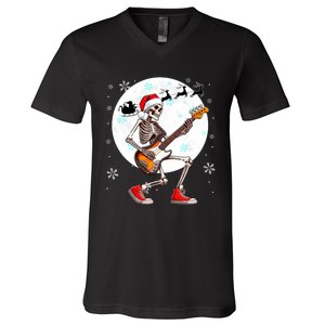 Christmas Santa Skeletons Playing Guitar Bass Guitarist V-Neck T-Shirt