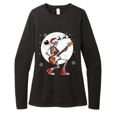 Christmas Santa Skeletons Playing Guitar Bass Guitarist Womens CVC Long Sleeve Shirt