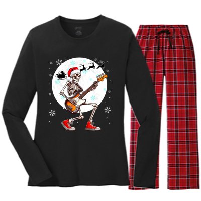 Christmas Santa Skeletons Playing Guitar Bass Guitarist Women's Long Sleeve Flannel Pajama Set 