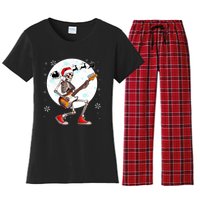 Christmas Santa Skeletons Playing Guitar Bass Guitarist Women's Flannel Pajama Set