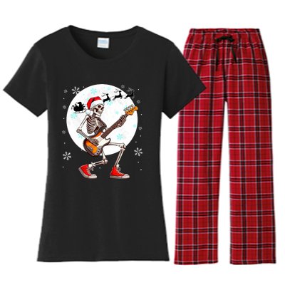 Christmas Santa Skeletons Playing Guitar Bass Guitarist Women's Flannel Pajama Set