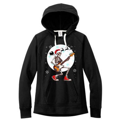 Christmas Santa Skeletons Playing Guitar Bass Guitarist Women's Fleece Hoodie