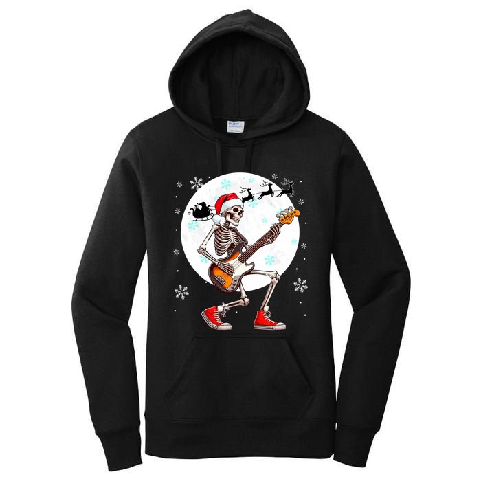 Christmas Santa Skeletons Playing Guitar Bass Guitarist Women's Pullover Hoodie