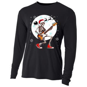 Christmas Santa Skeletons Playing Guitar Bass Guitarist Cooling Performance Long Sleeve Crew