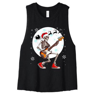 Christmas Santa Skeletons Playing Guitar Bass Guitarist Women's Racerback Cropped Tank