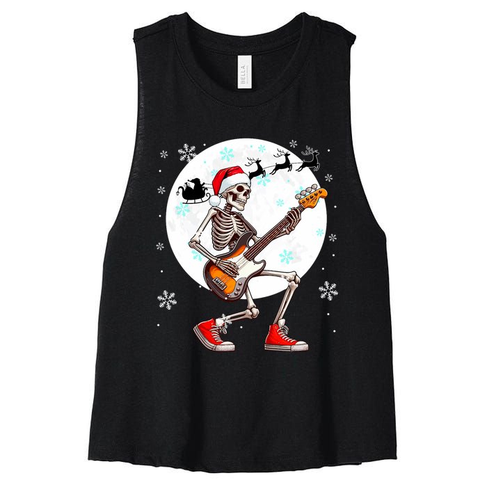 Christmas Santa Skeletons Playing Guitar Bass Guitarist Women's Racerback Cropped Tank