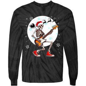 Christmas Santa Skeletons Playing Guitar Bass Guitarist Tie-Dye Long Sleeve Shirt