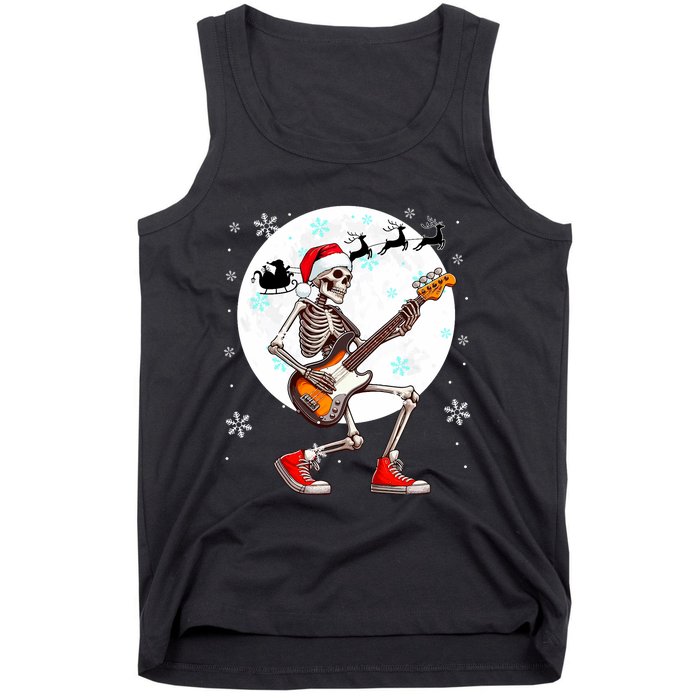 Christmas Santa Skeletons Playing Guitar Bass Guitarist Tank Top