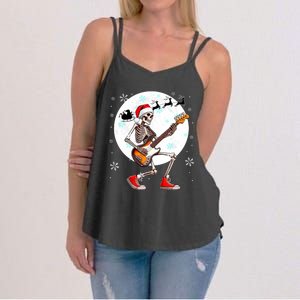 Christmas Santa Skeletons Playing Guitar Bass Guitarist Women's Strappy Tank