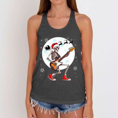 Christmas Santa Skeletons Playing Guitar Bass Guitarist Women's Knotted Racerback Tank