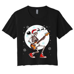 Christmas Santa Skeletons Playing Guitar Bass Guitarist Women's Crop Top Tee