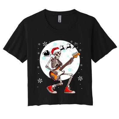 Christmas Santa Skeletons Playing Guitar Bass Guitarist Women's Crop Top Tee